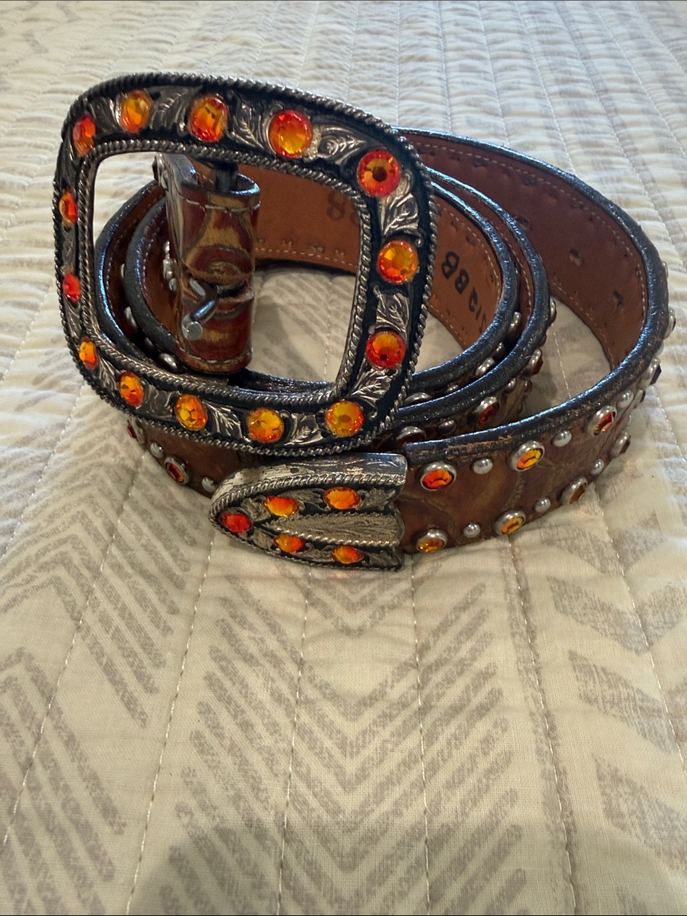 Double J Saddlery Belt with Orange and Silver Stud Accents